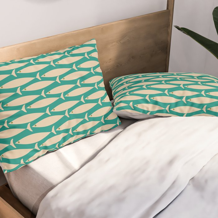 Coastal Fish Mid Century Modern Minimalist Pattern Teal Beige Olive Pillow Sham Gallery Image 2
