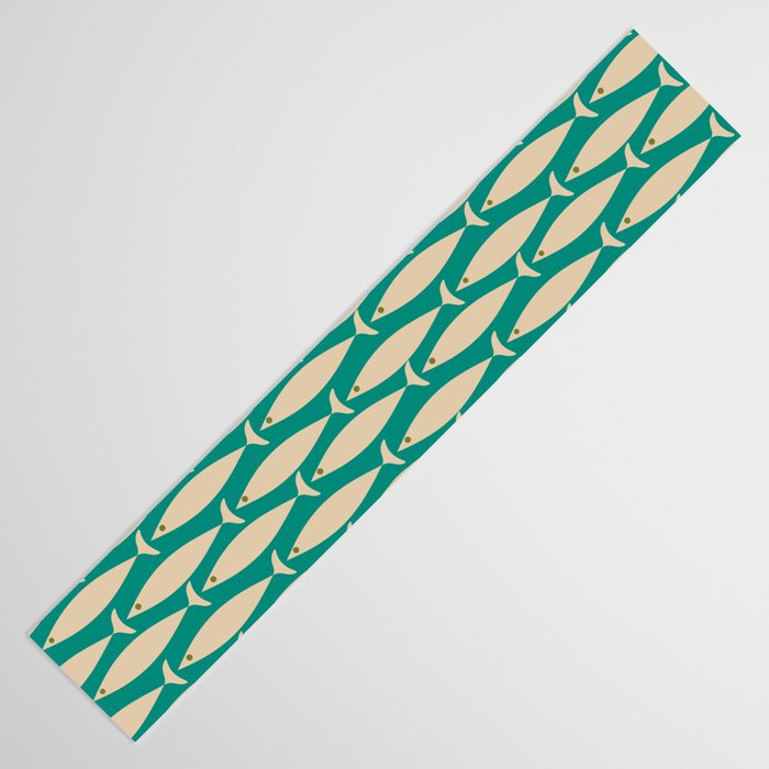 Coastal Fish Mid Century Modern Minimalist Pattern Teal Beige Olive Table Runner Gallery Image 3