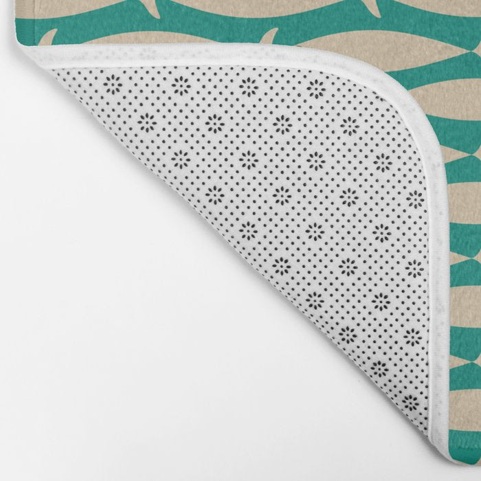 Coastal Fish Mid Century Modern Minimalist Pattern Teal Beige Olive Bath Mat Gallery Image 2