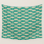Coastal Fish Mid Century Modern Minimalist Pattern Teal Beige Olive Wall Tapestry Gallery Image 4