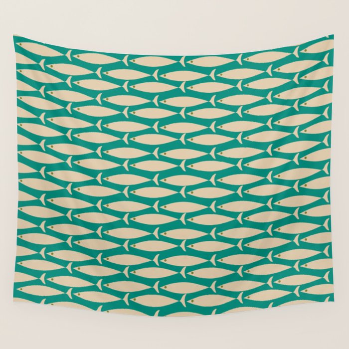 Coastal Fish Mid Century Modern Minimalist Pattern Teal Beige Olive Wall Tapestry Gallery Image 4