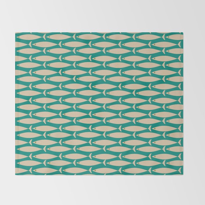 Coastal Fish Mid Century Modern Minimalist Pattern Teal Beige Olive Throw Blanket Gallery Image 2