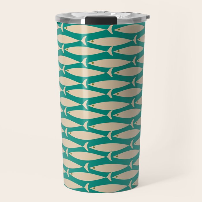 Coastal Fish Mid Century Modern Minimalist Pattern Teal Beige Olive Travel Mug Gallery Image 1