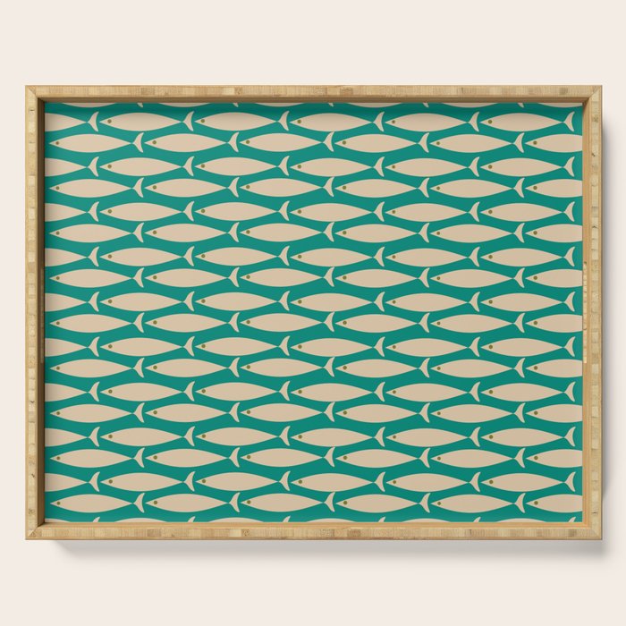 Coastal Fish Mid Century Modern Minimalist Pattern Teal Beige Olive Serving Tray Gallery Image 1