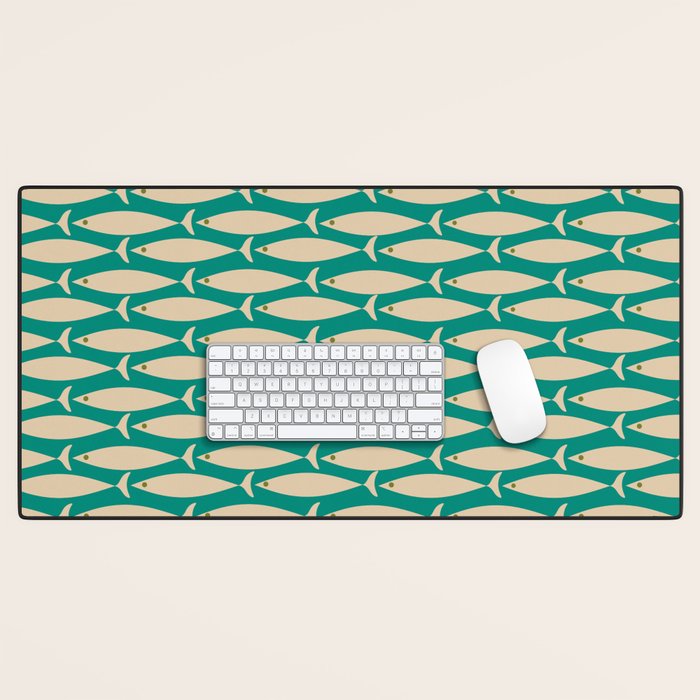 Coastal Fish Mid Century Modern Minimalist Pattern Teal Beige Olive Desk Mat Gallery Image 1
