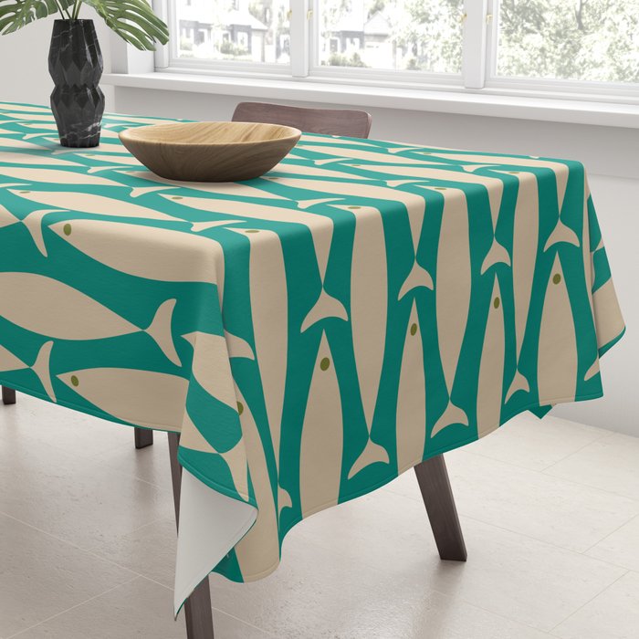 Coastal Fish Mid Century Modern Minimalist Pattern Teal Beige Olive Tablecloth Gallery Image 3