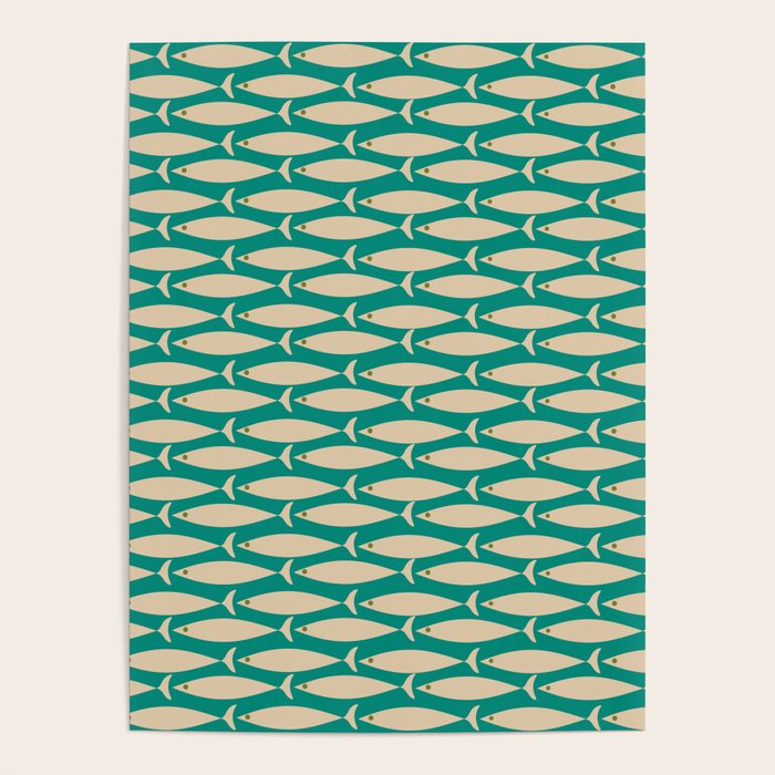 Coastal Fish Mid Century Modern Minimalist Pattern Teal Beige Olive Poster Gallery Image 1