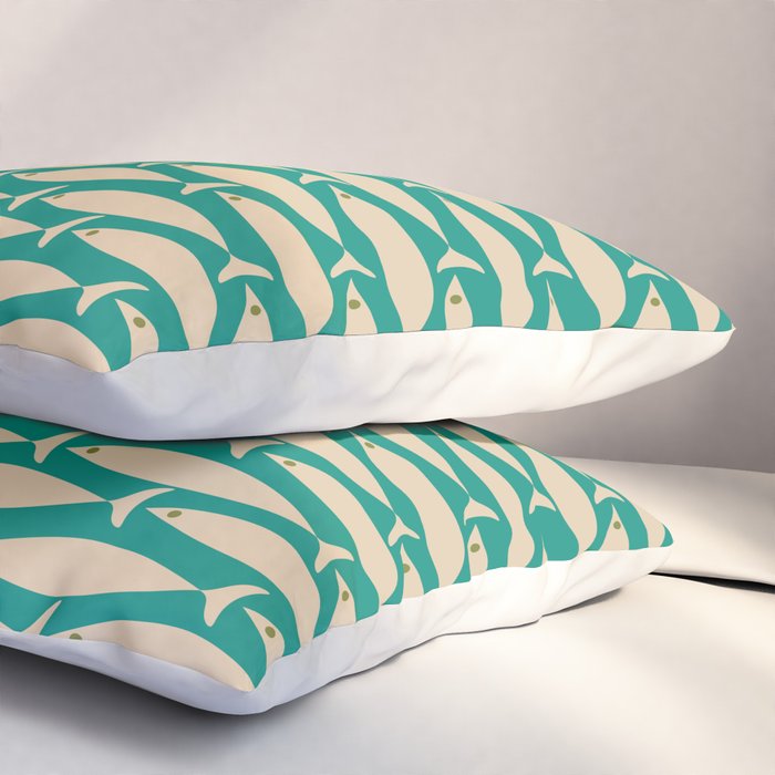 Coastal Fish Mid Century Modern Minimalist Pattern Teal Beige Olive Pillow Sham Gallery Image 3