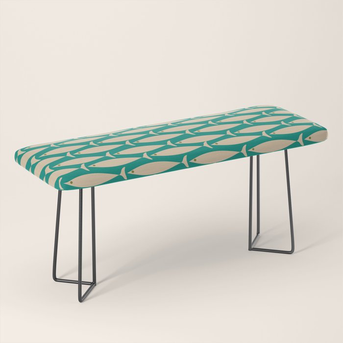 Coastal Fish Mid Century Modern Minimalist Pattern Teal Beige Olive Bench Gallery Image 1