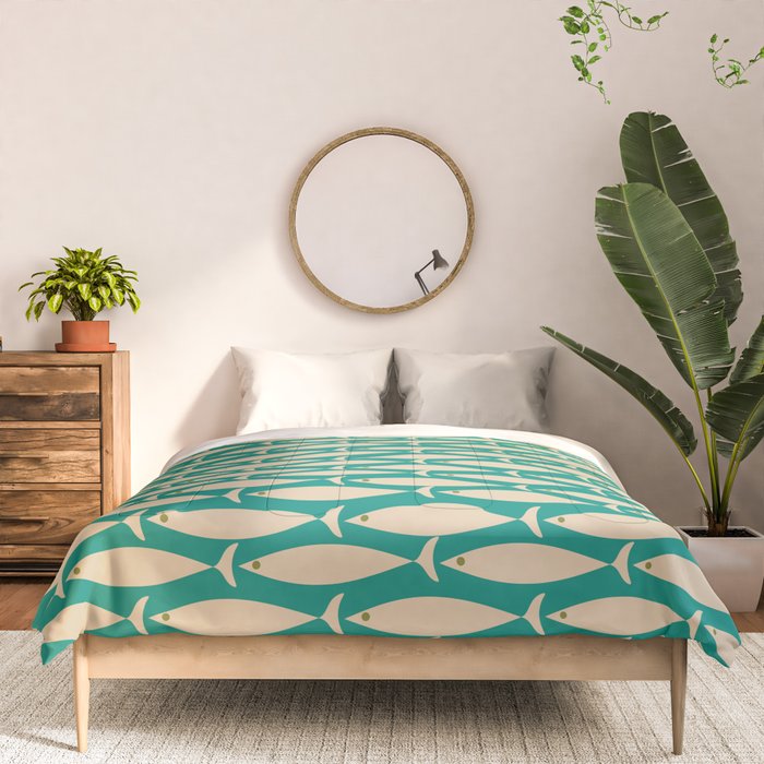 Coastal Fish Mid Century Modern Minimalist Pattern Teal Beige Olive Comforter Gallery Image 3