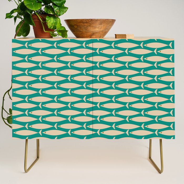 Coastal Fish Mid Century Modern Minimalist Pattern Teal Beige Olive Credenza Gallery Image 1