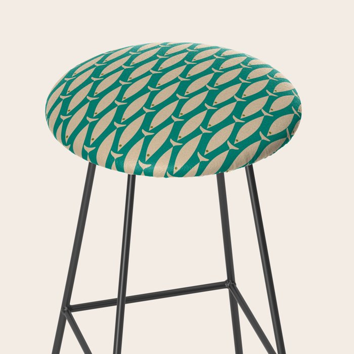 Coastal Fish Mid Century Modern Minimalist Pattern Teal Beige Olive Stool Gallery Image 2