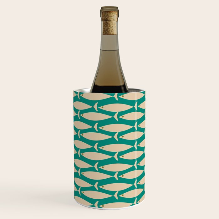 Coastal Fish Mid Century Modern Minimalist Pattern Teal Beige Olive Wine Chiller Gallery Image 1
