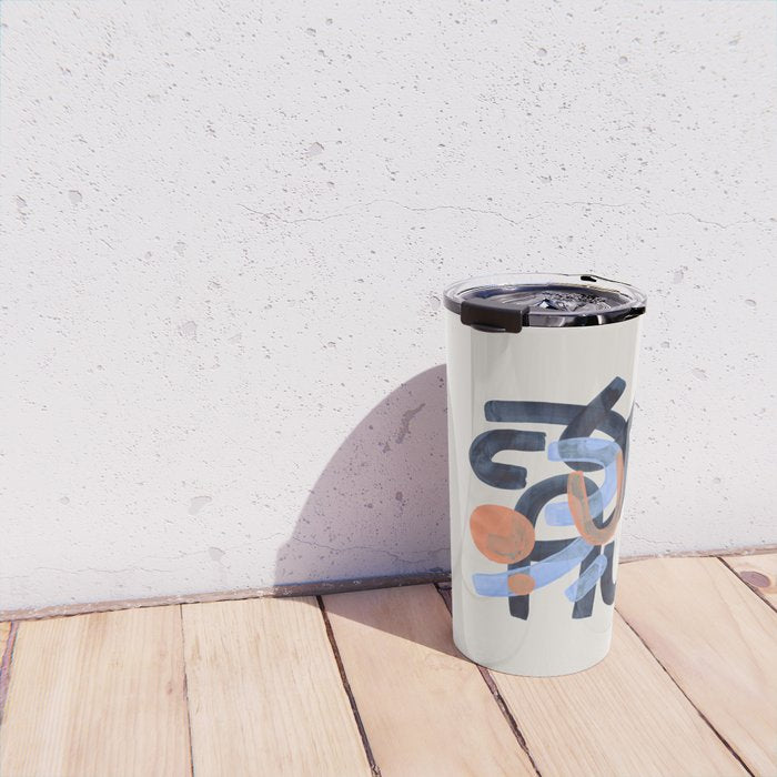 Midcentury Modern Minimalist Funky Cool Tribal Pattern Paynes Grey Pastel Blue Tan Shapes by Ejaaz Haniff Travel Mug Gallery Image 4