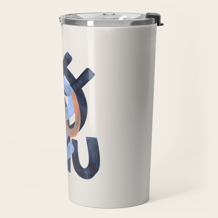 Midcentury Modern Minimalist Funky Cool Tribal Pattern Paynes Grey Pastel Blue Tan Shapes by Ejaaz Haniff Travel Mug Gallery Image 2