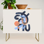 Midcentury Modern Minimalist Funky Cool Tribal Pattern Paynes Grey Pastel Blue Tan Shapes by Ejaaz Haniff Credenza Gallery Image 1