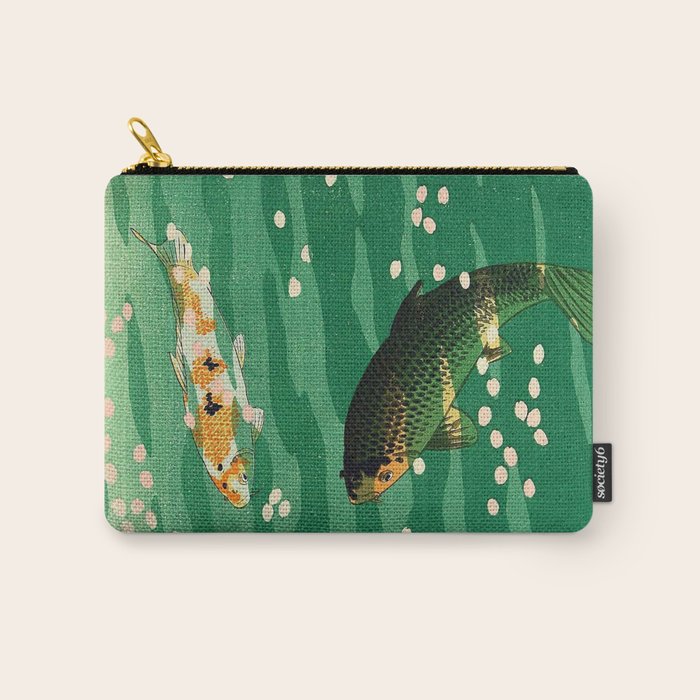 Vintage Japanese Woodblock Print Asian Art Koi Pond Fish Turquoise Green Water Cherry Blossom Carry All Pouch Gallery Image 1