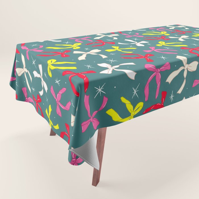 Festive Ribbons Pattern On Teal Tablecloth Gallery Image 1