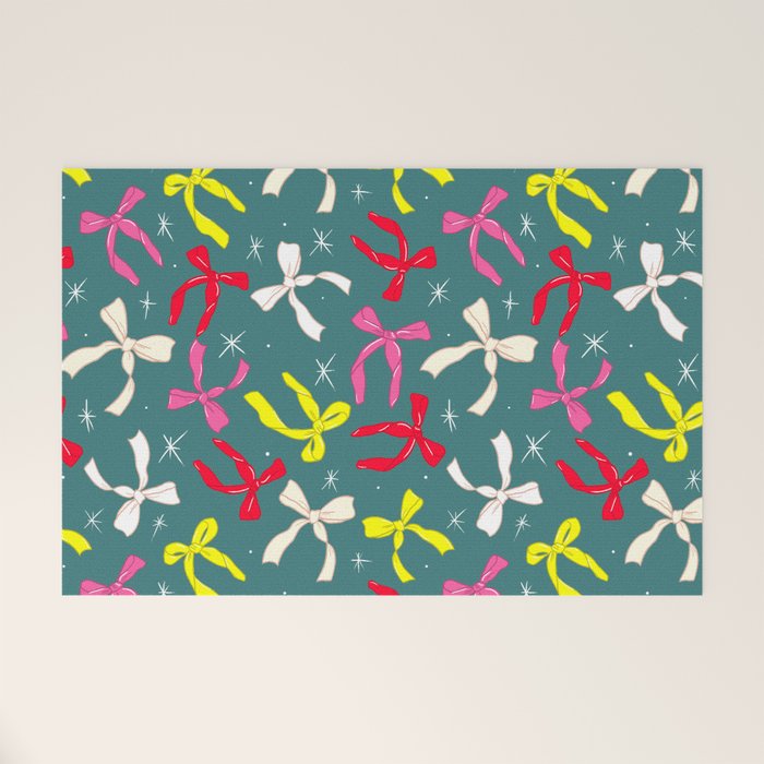 Festive Ribbons Pattern On Teal Welcome Mat Gallery Image 1