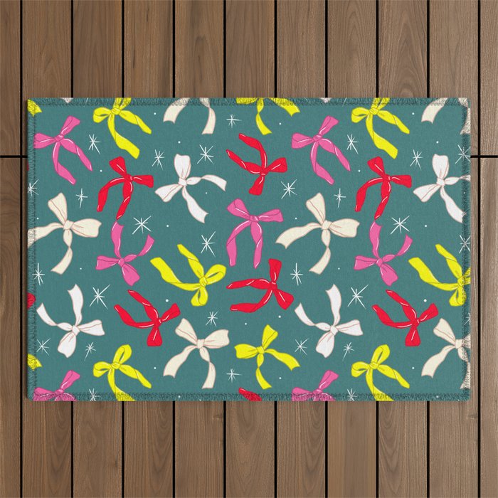 Festive Ribbons Pattern On Teal Outdoor Rug Gallery Image 1