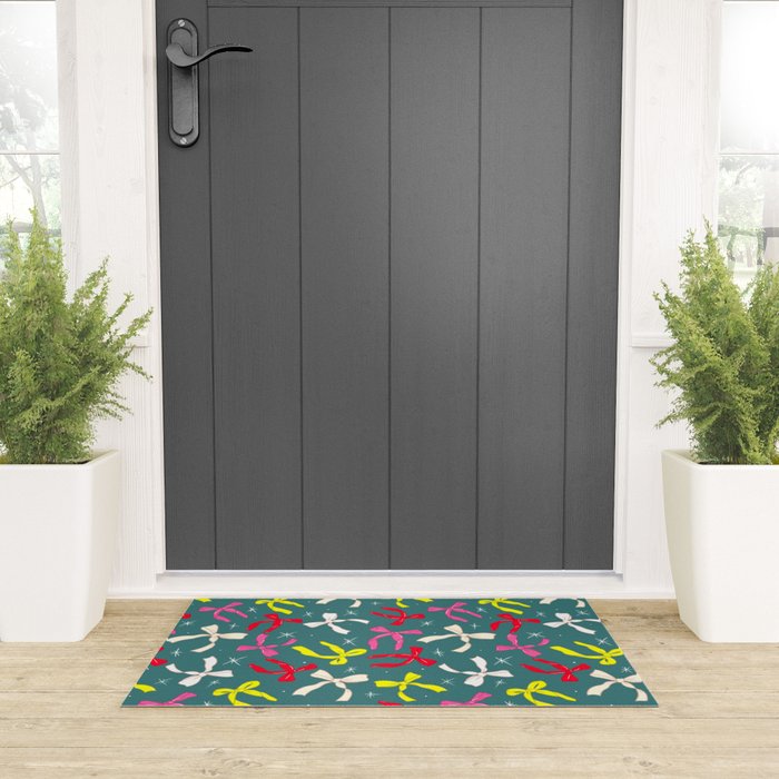Festive Ribbons Pattern On Teal Welcome Mat Gallery Image 3