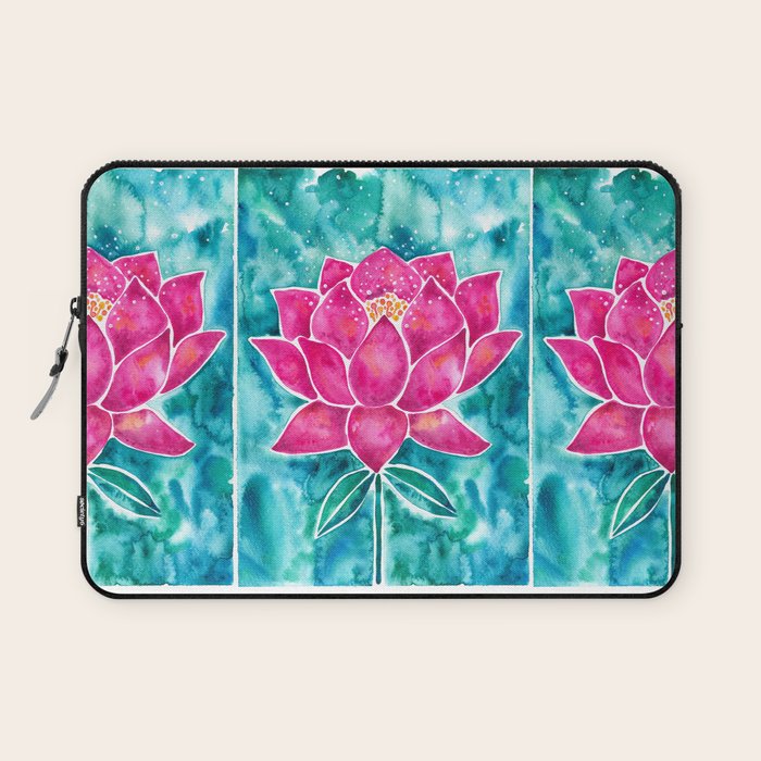 Sacred Lotus - Magenta Blossom with Turquoise Wash Laptop Sleeve Gallery Image 1