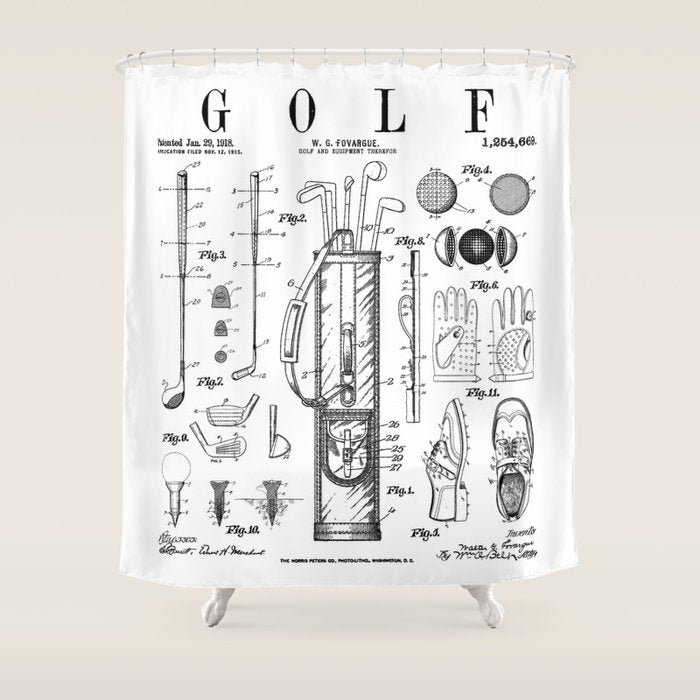 Golf Club Golfer Old Vintage Patent Drawing Print Shower Curtain Gallery Image 1