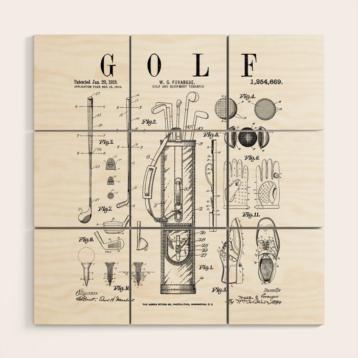 Golf Club Golfer Old Vintage Patent Drawing Print Wood Wall Art Gallery Image 1
