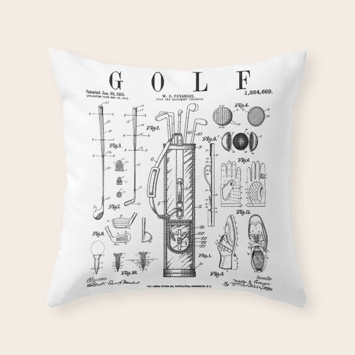 Golf Club Golfer Old Vintage Patent Drawing Print Throw Pillow Gallery Image 6