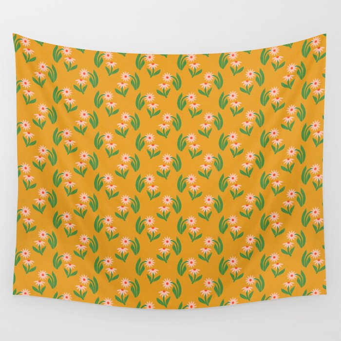 Pink Daisy Pattern - Yellow Wall Tapestry Gallery Image 4