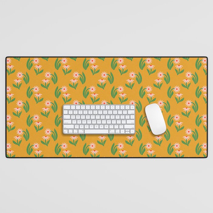 Pink Daisy Pattern - Yellow Desk Mat Gallery Image 1