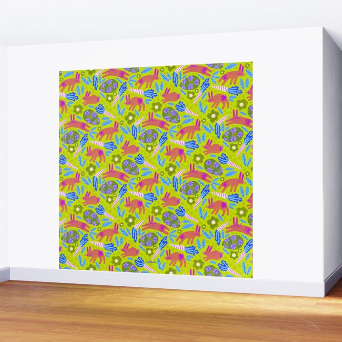 Happy Colorful Rabbits & Decorative Eggs in Chartreuse & Pink Wall Mural Gallery Image 2
