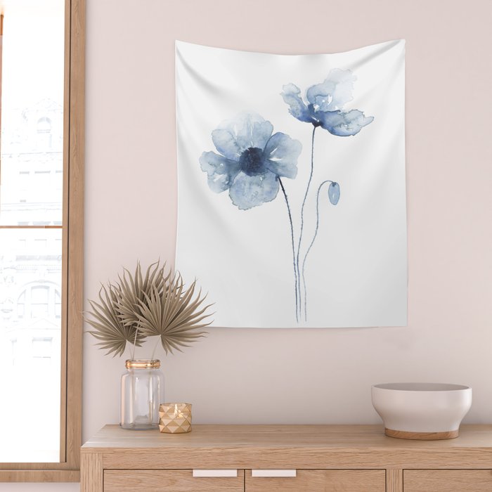 Blue Watercolor Poppies Wall Tapestry Gallery Image 2