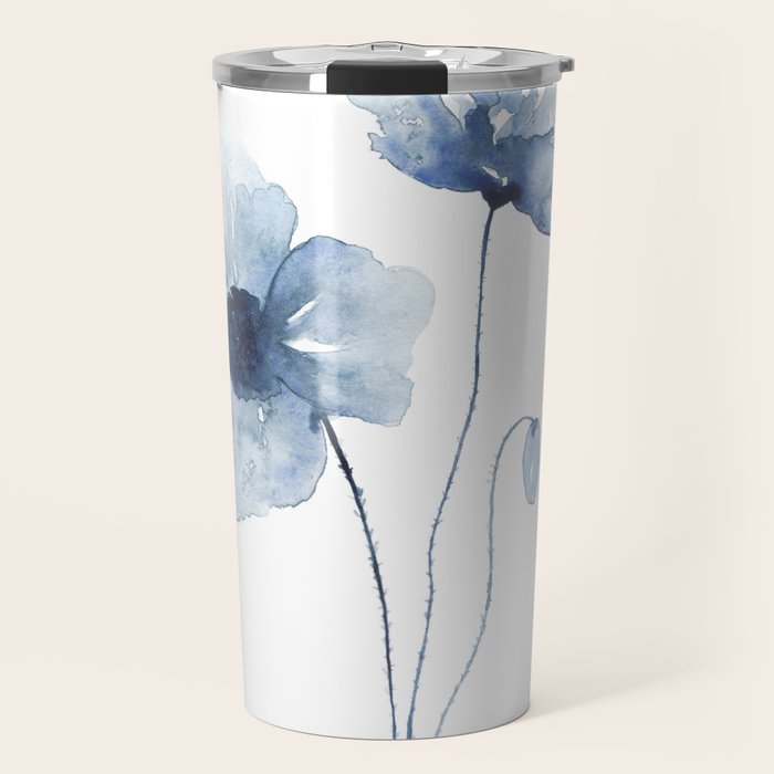 Blue Watercolor Poppies Travel Mug Gallery Image 1