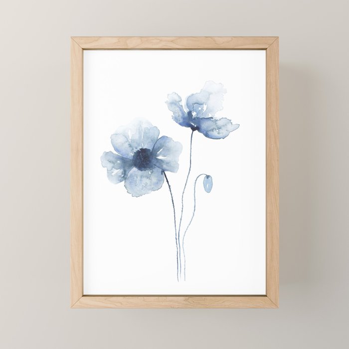 Blue Watercolor Poppies Mini Art Print Gallery Image 1