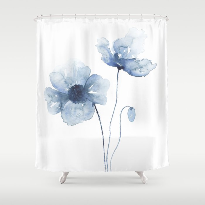 Blue Watercolor Poppies Shower Curtain Gallery Image 1