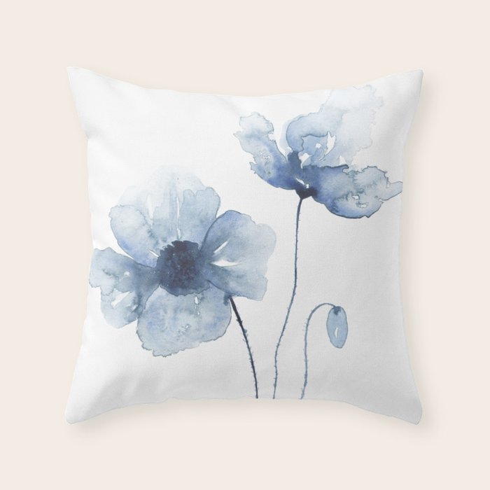 Blue Watercolor Poppies Throw Pillow Gallery Image 1