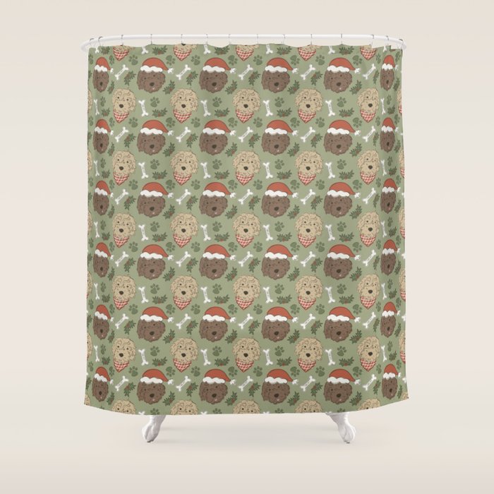 Holiday Doodle Dogs . Tan and Brown Shower Curtain Gallery Image 1