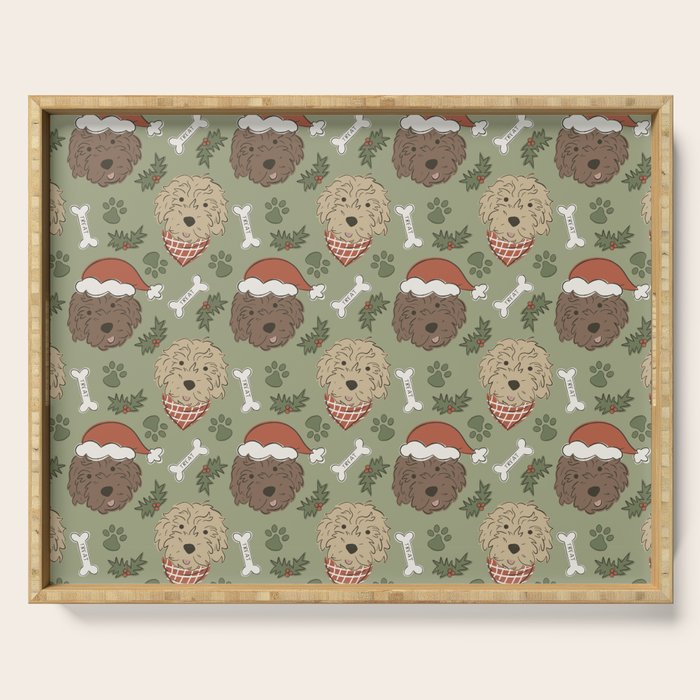 Holiday Doodle Dogs . Tan and Brown Serving Tray Gallery Image 1