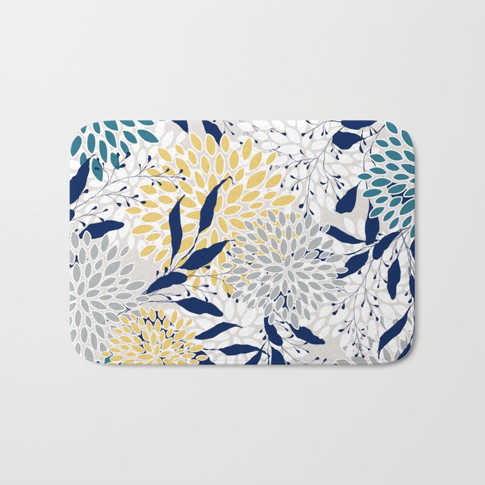 Floral Leaves and Blooms, Yellow, Gray, Teal, Navy Bath Mat Gallery Image 1