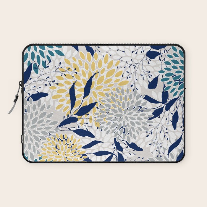 Floral Leaves and Blooms, Yellow, Gray, Teal, Navy Laptop Sleeve Gallery Image 1