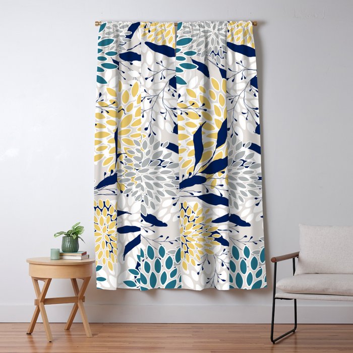 Floral Leaves and Blooms, Yellow, Gray, Teal, Navy Window Curtain Gallery Image 1
