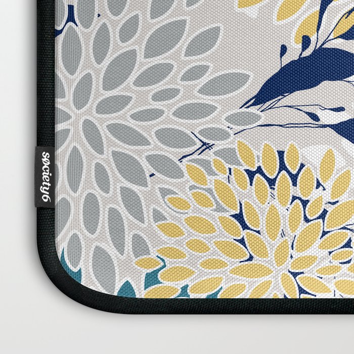 Floral Leaves and Blooms, Yellow, Gray, Teal, Navy Laptop Sleeve Gallery Image 3