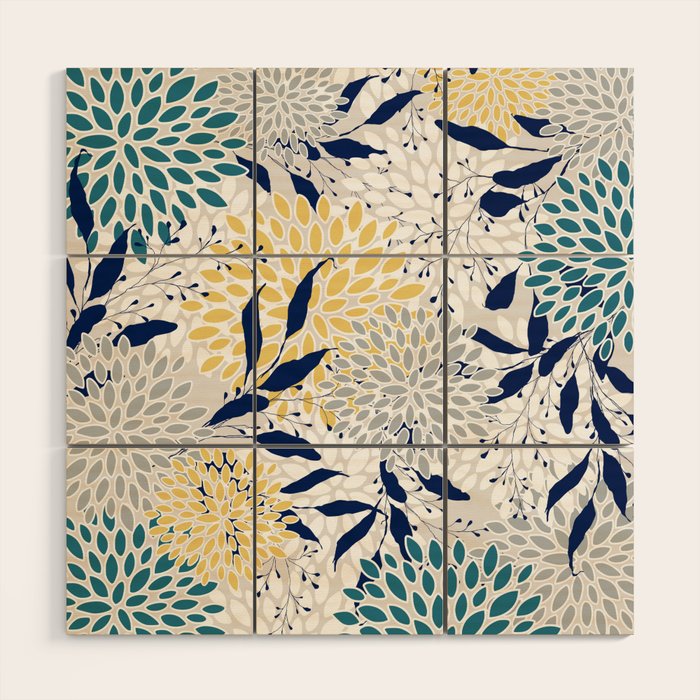 Floral Leaves and Blooms, Yellow, Gray, Teal, Navy Wood Wall Art Gallery Image 1