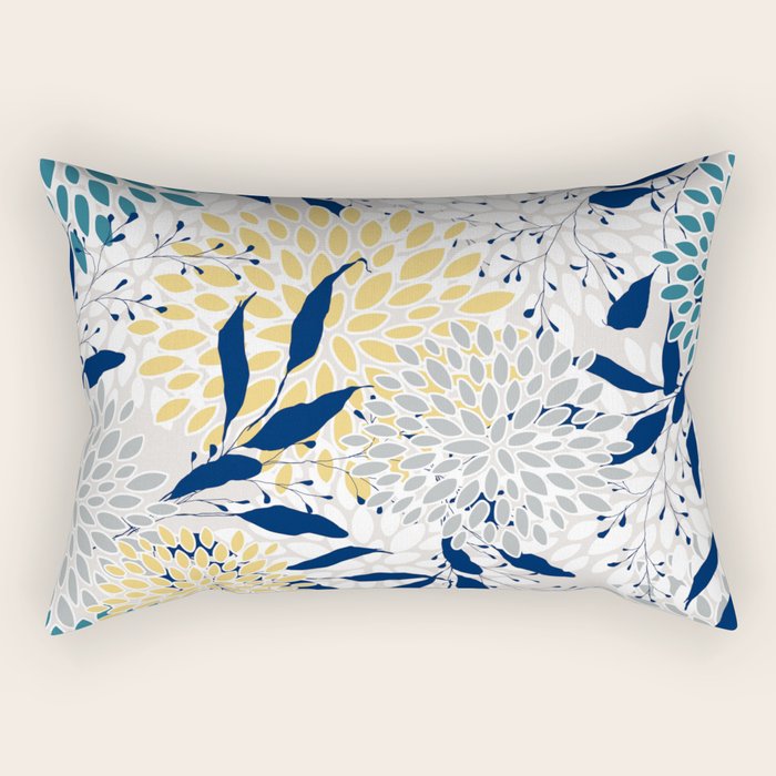 Floral Leaves and Blooms, Yellow, Gray, Teal, Navy Rectangular Pillow Gallery Image 1