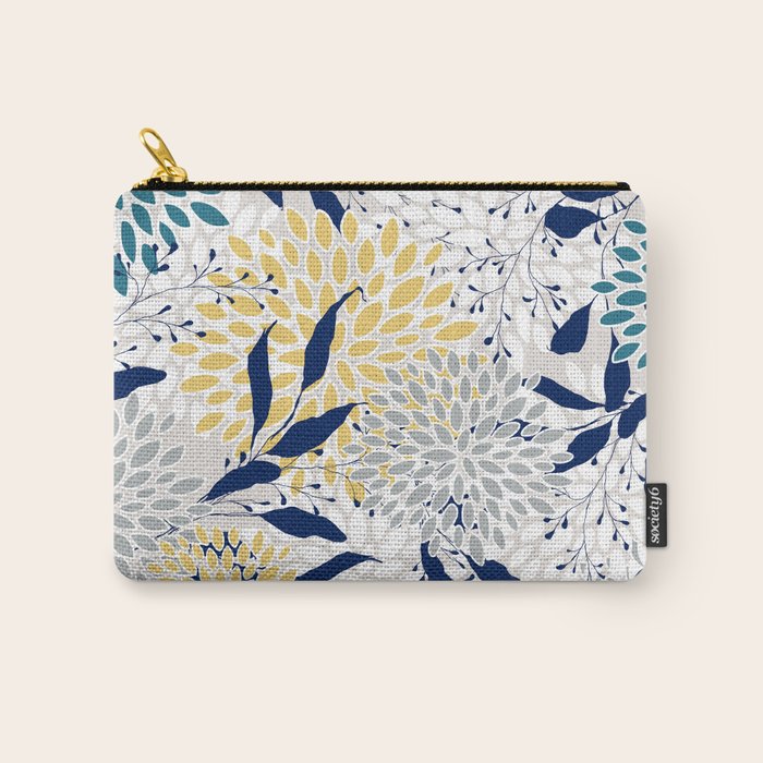 Floral Leaves and Blooms, Yellow, Gray, Teal, Navy Carry All Pouch Gallery Image 1