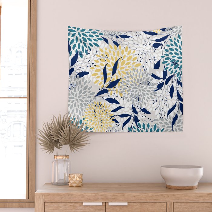 Floral Leaves and Blooms, Yellow, Gray, Teal, Navy Wall Tapestry Gallery Image 2