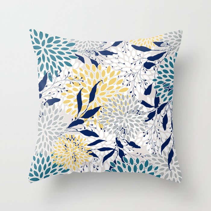 Floral Leaves and Blooms, Yellow, Gray, Teal, Navy Throw Pillow Gallery Image 6