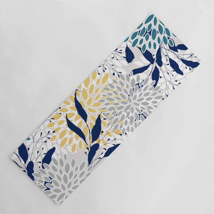 Floral Leaves and Blooms, Yellow, Gray, Teal, Navy Yoga Mat Gallery Image 1