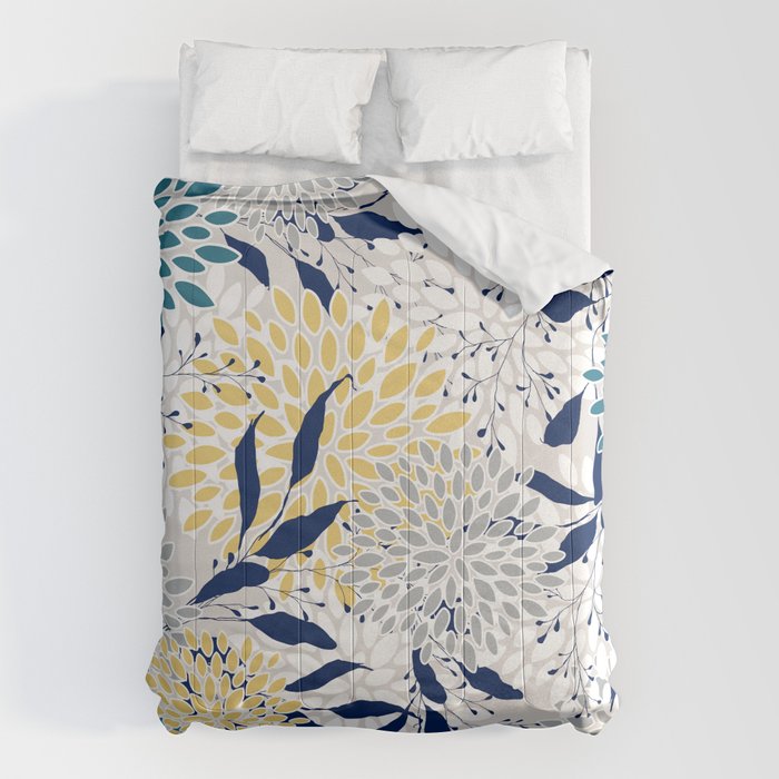 Floral Leaves and Blooms, Yellow, Gray, Teal, Navy Comforter Gallery Image 1